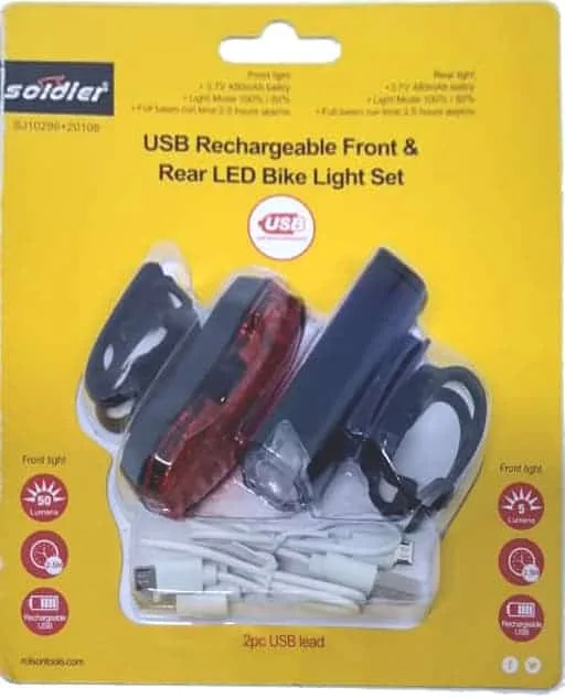 solier-light-2pc Soldier USB Rechargeable Front & Rear LED Bike Light Set