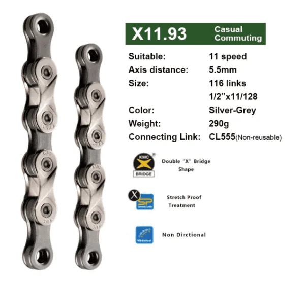 KMC X11.93 - 11 Speed Silver Chain for Road Bikes & Mountain Bikes