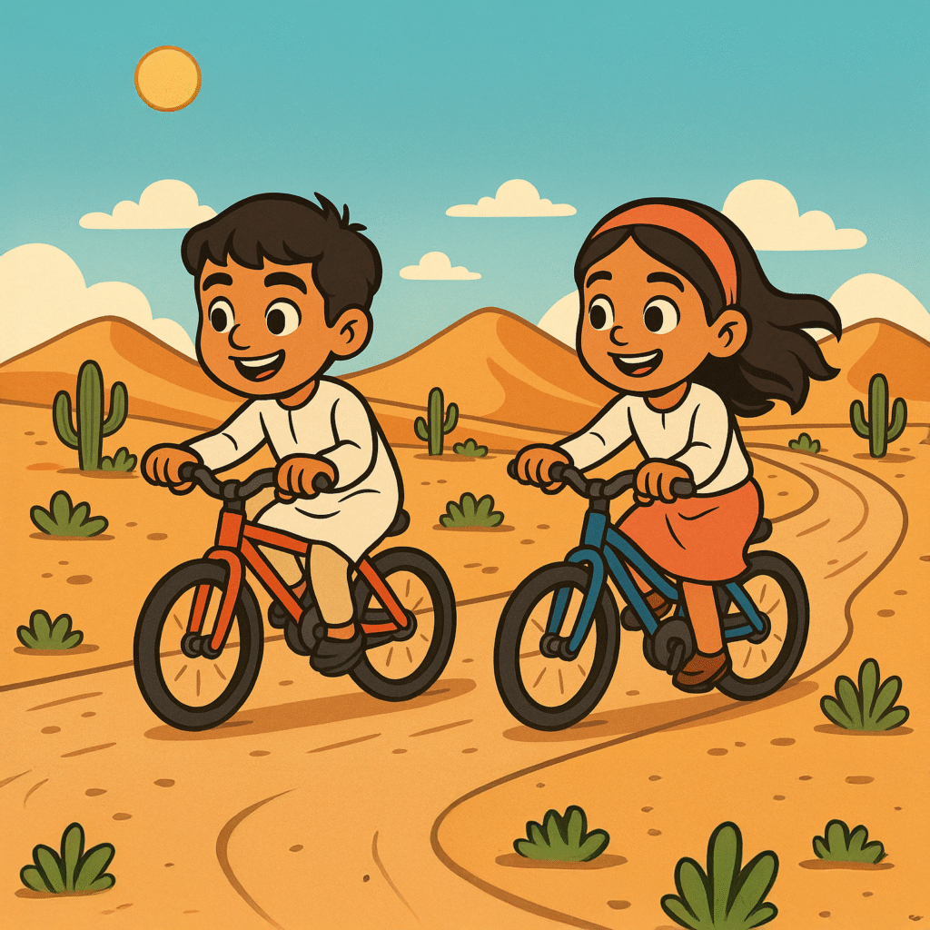 AI generated image of an Arab boy and girl riding bikes in a deseert road